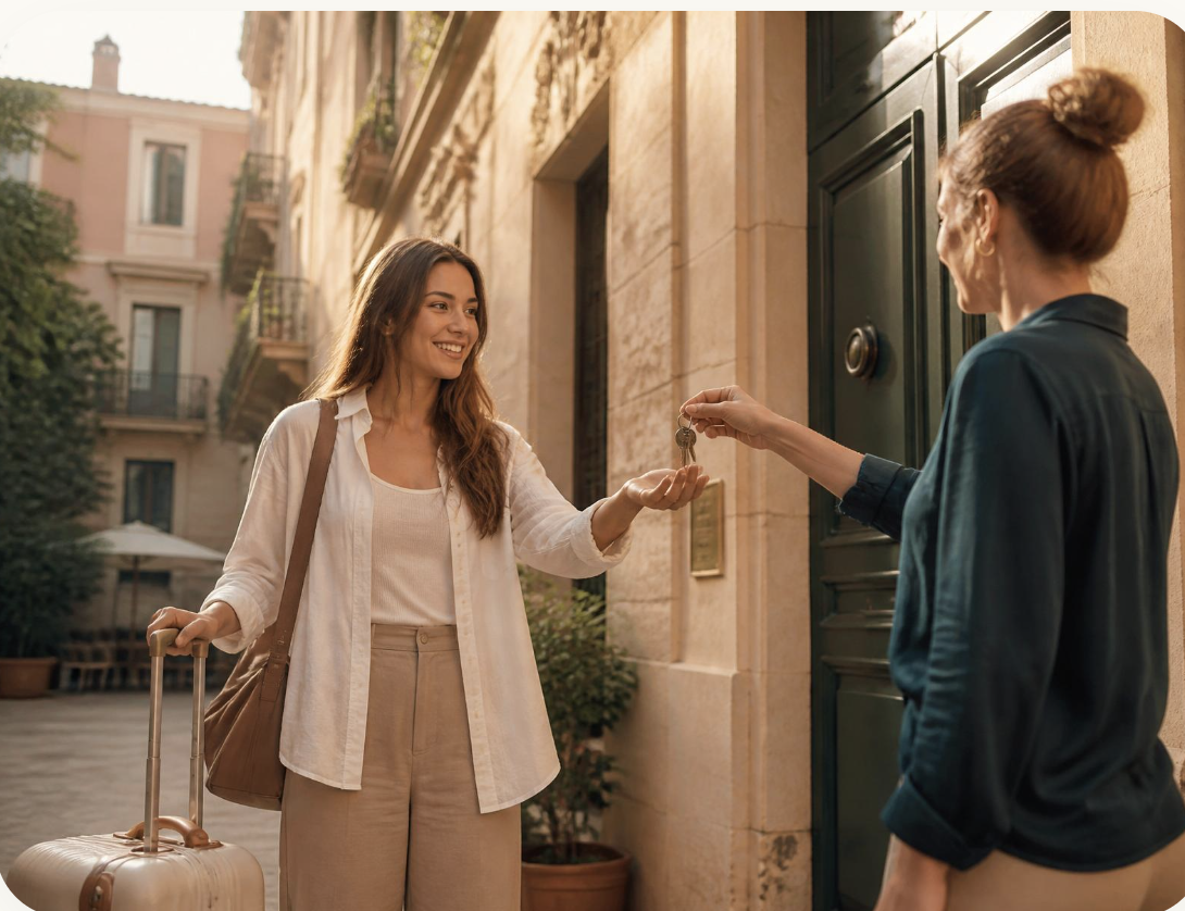 A Settlr Guide handing over keys to a client on a sunlit street